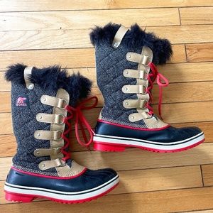 SOREL Boots Womens Sz 8 Tofino Tan Black Red Herringbone Winter Snow Fur Warm